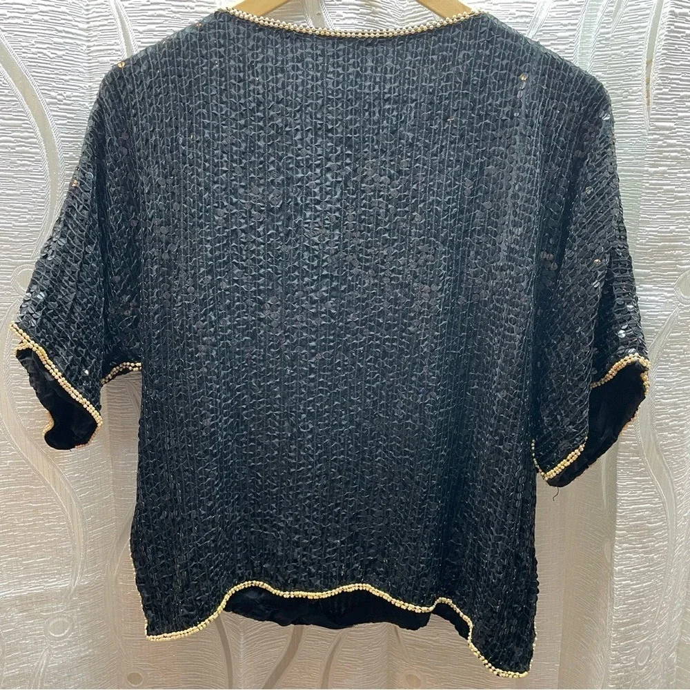 Europeen Vintage Black Sequin‎ Floral Embellished Top Blouse - Picture 4 of 8